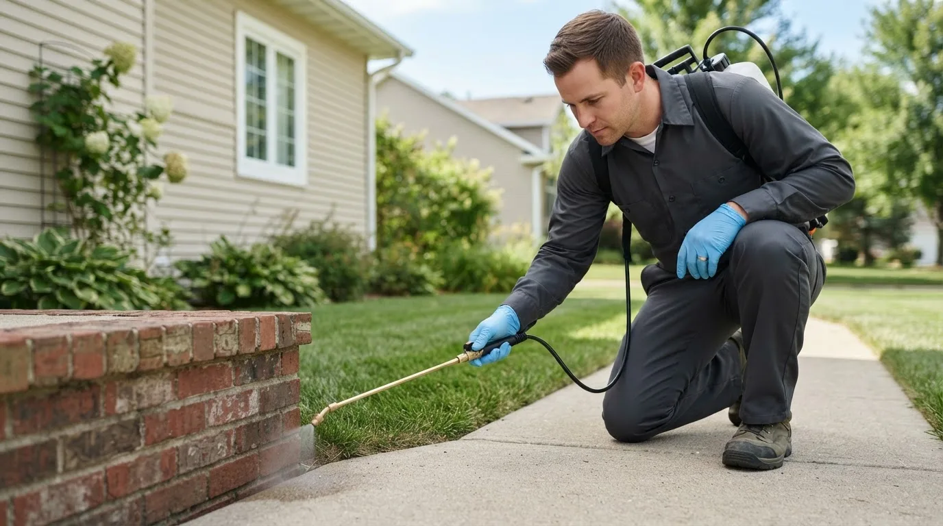 Pest control technician treating a home near Kent, OH