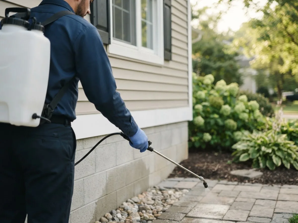 Pest control technician inspecting a home in Kent, OH